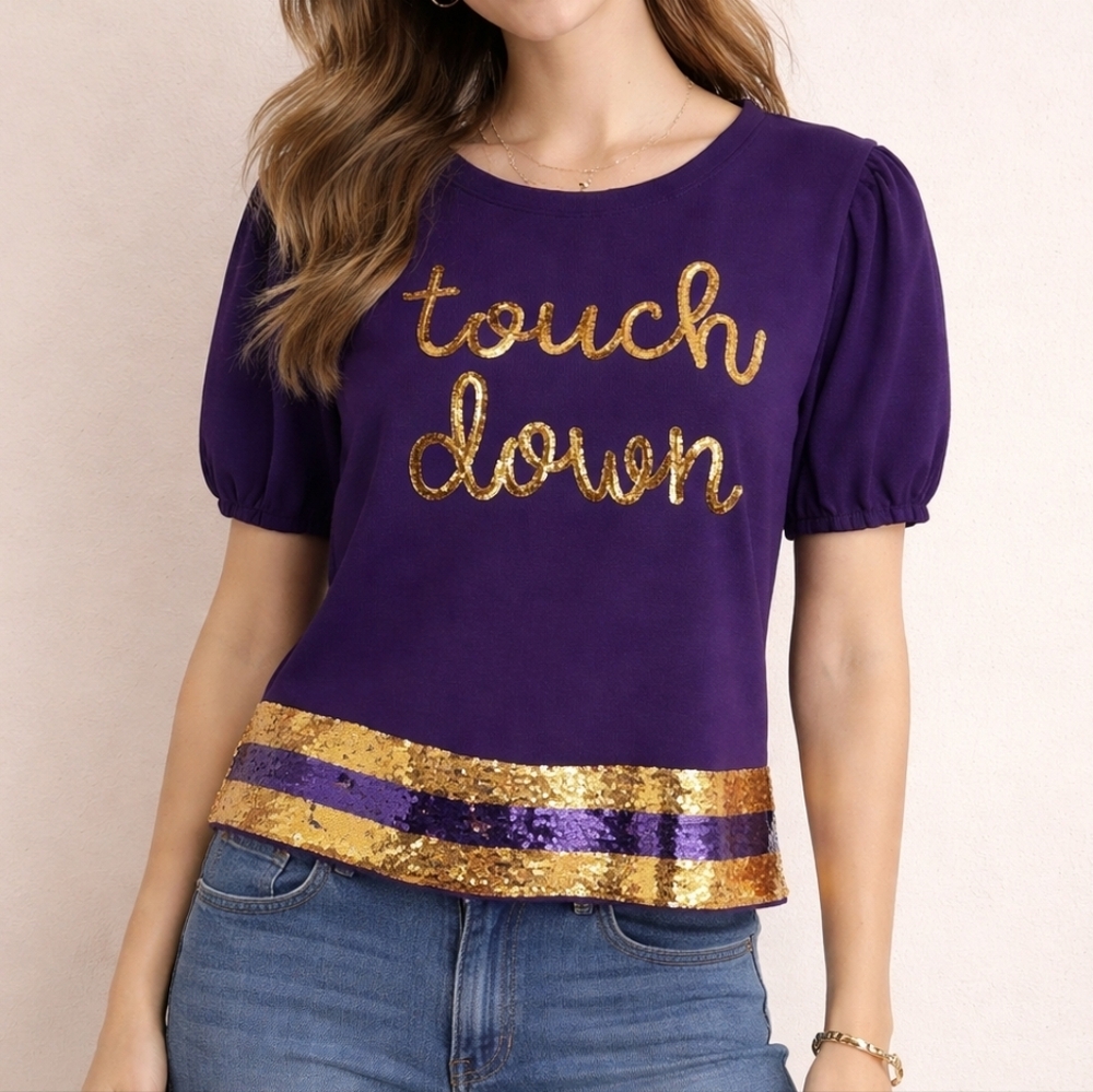 PEACH LOVE Purple Gold Sequin Embellished Football Touch Down Top